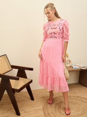 Women Pink Dobby Tiered Midi Dress-SFDRSS12979