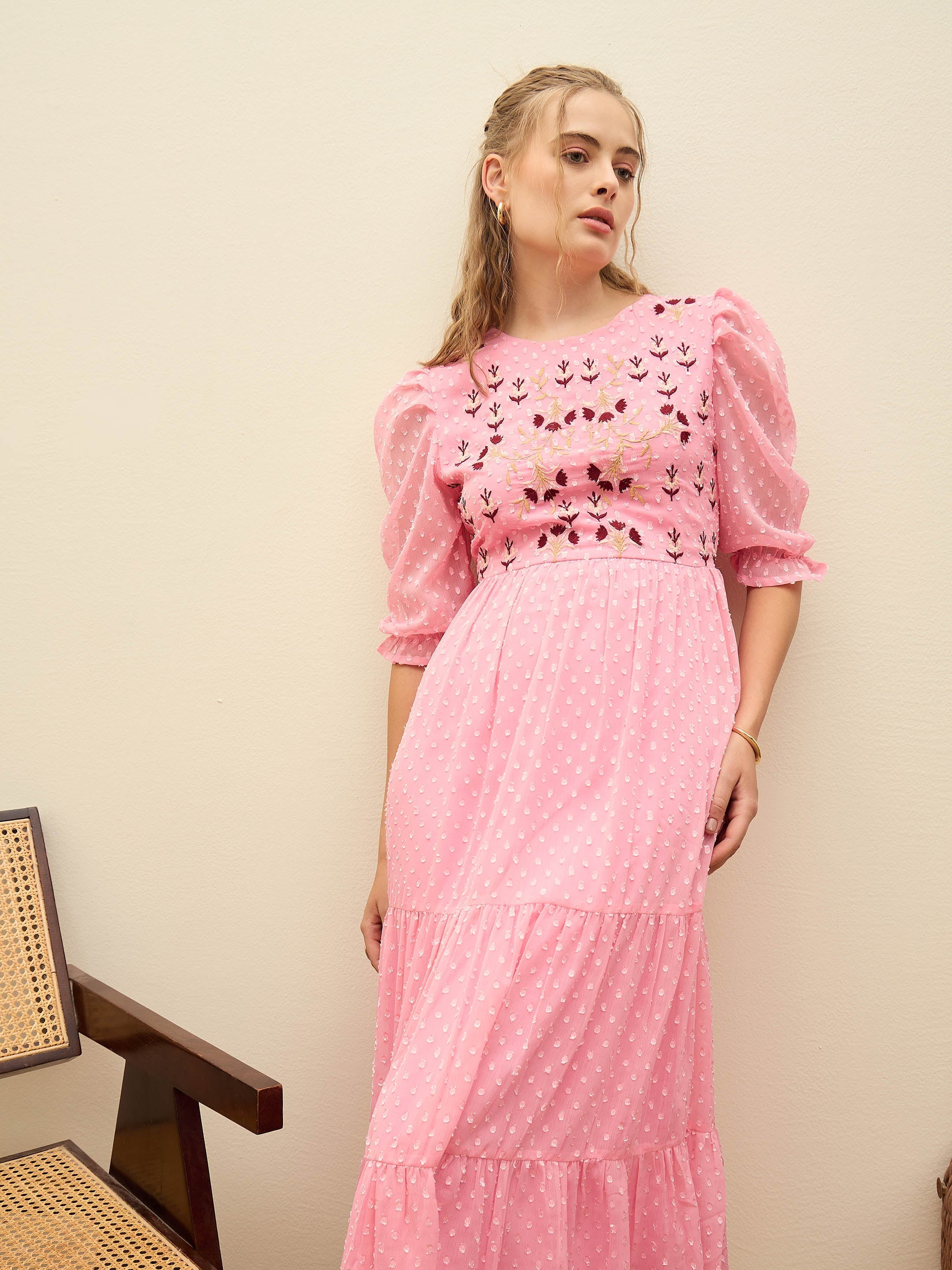 Women Pink Dobby Tiered Midi Dress-SFDRSS12979