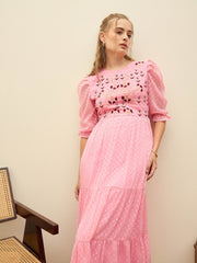 Women Pink Dobby Tiered Midi Dress-SFDRSS12979