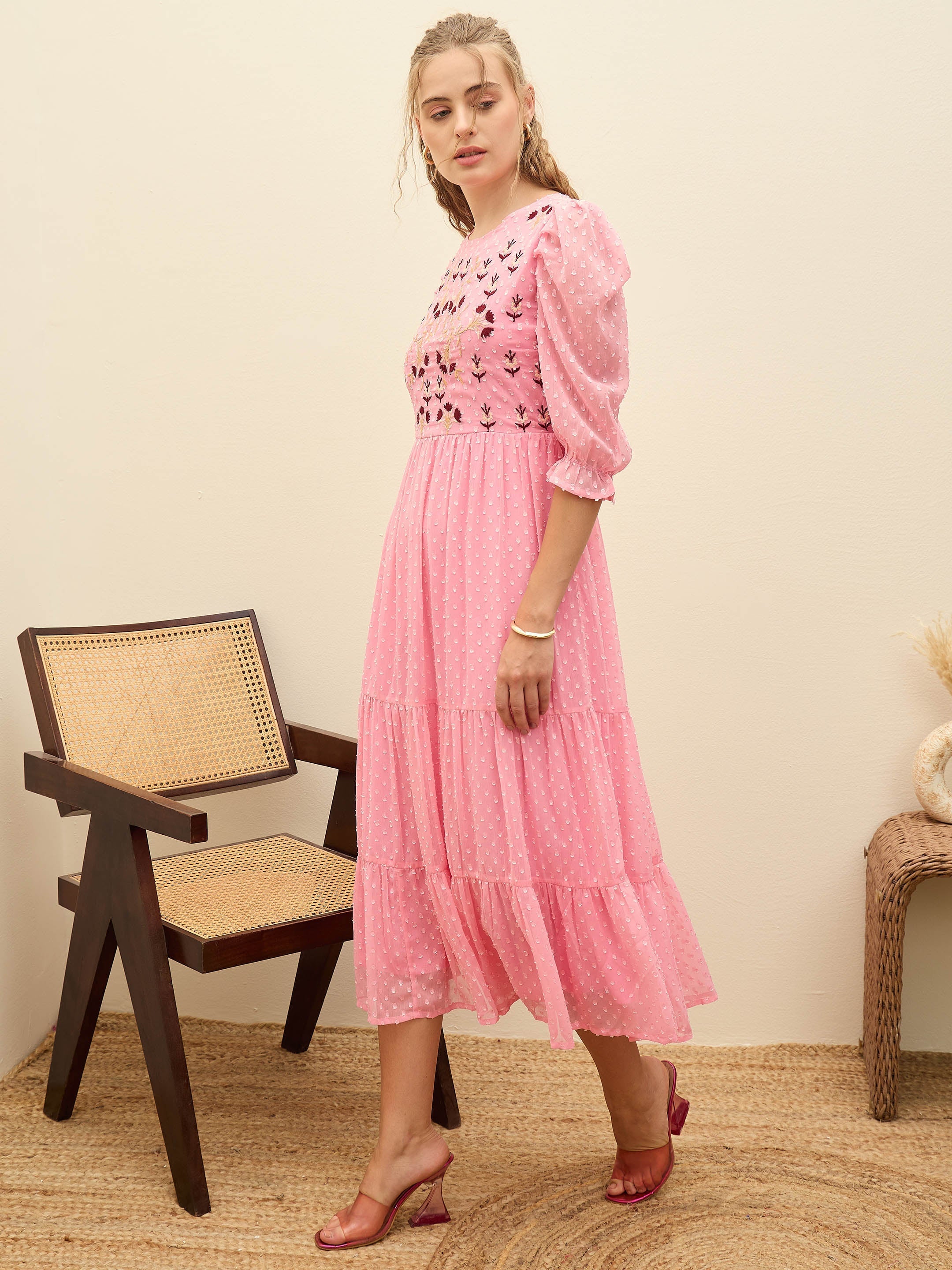 Women Pink Dobby Tiered Midi Dress-SFDRSS12979