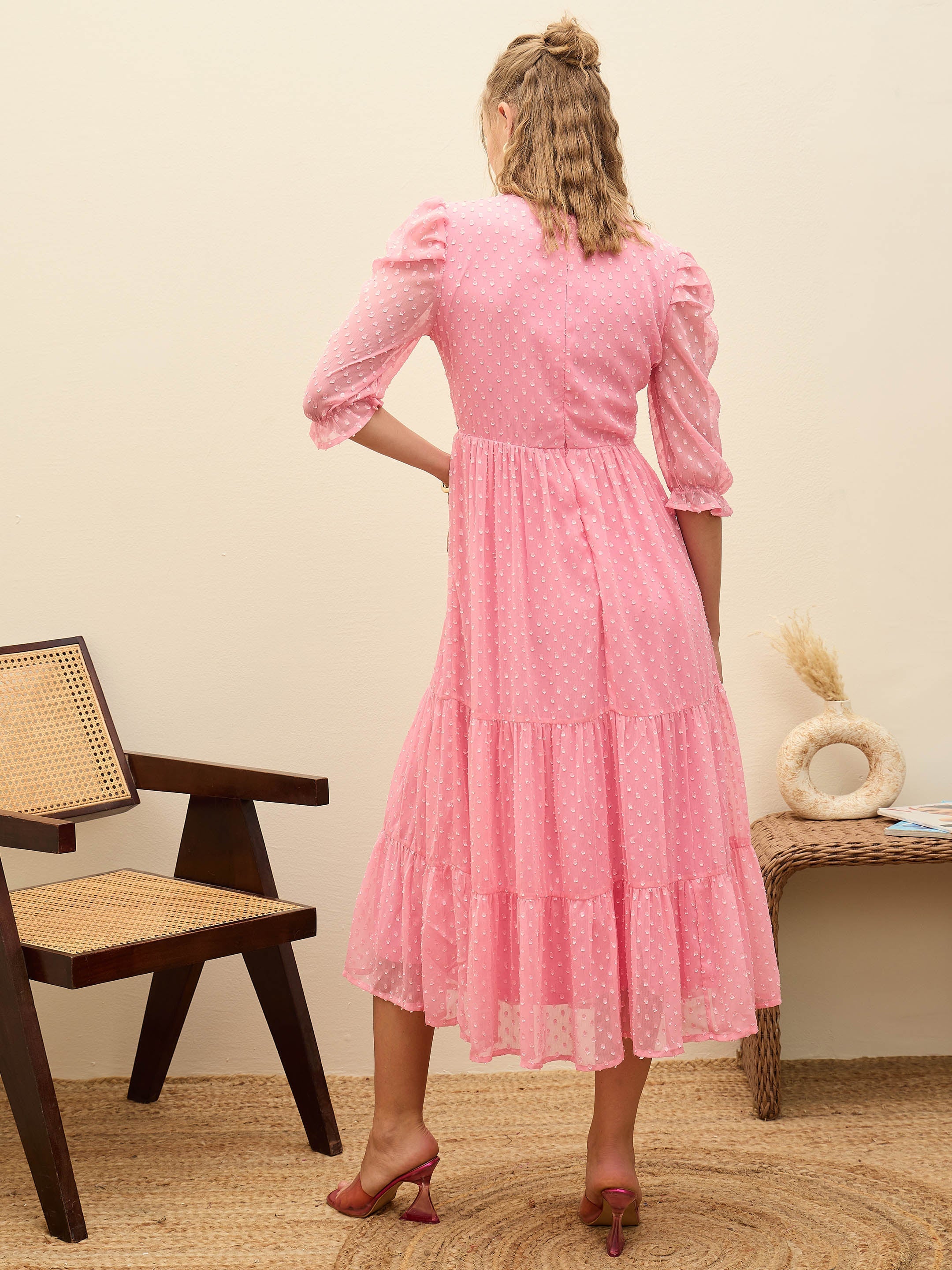 Women Pink Dobby Tiered Midi Dress-SFDRSS12979