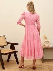 Women Pink Dobby Tiered Midi Dress-SFDRSS12979