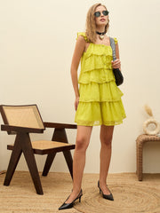 Women Green Dobby Ruffle Short Dress-SFDRSS12981