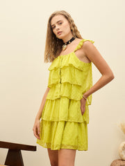 Women Green Dobby Ruffle Short Dress-SFDRSS12981