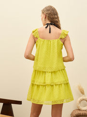 Women Green Dobby Ruffle Short Dress-SFDRSS12981