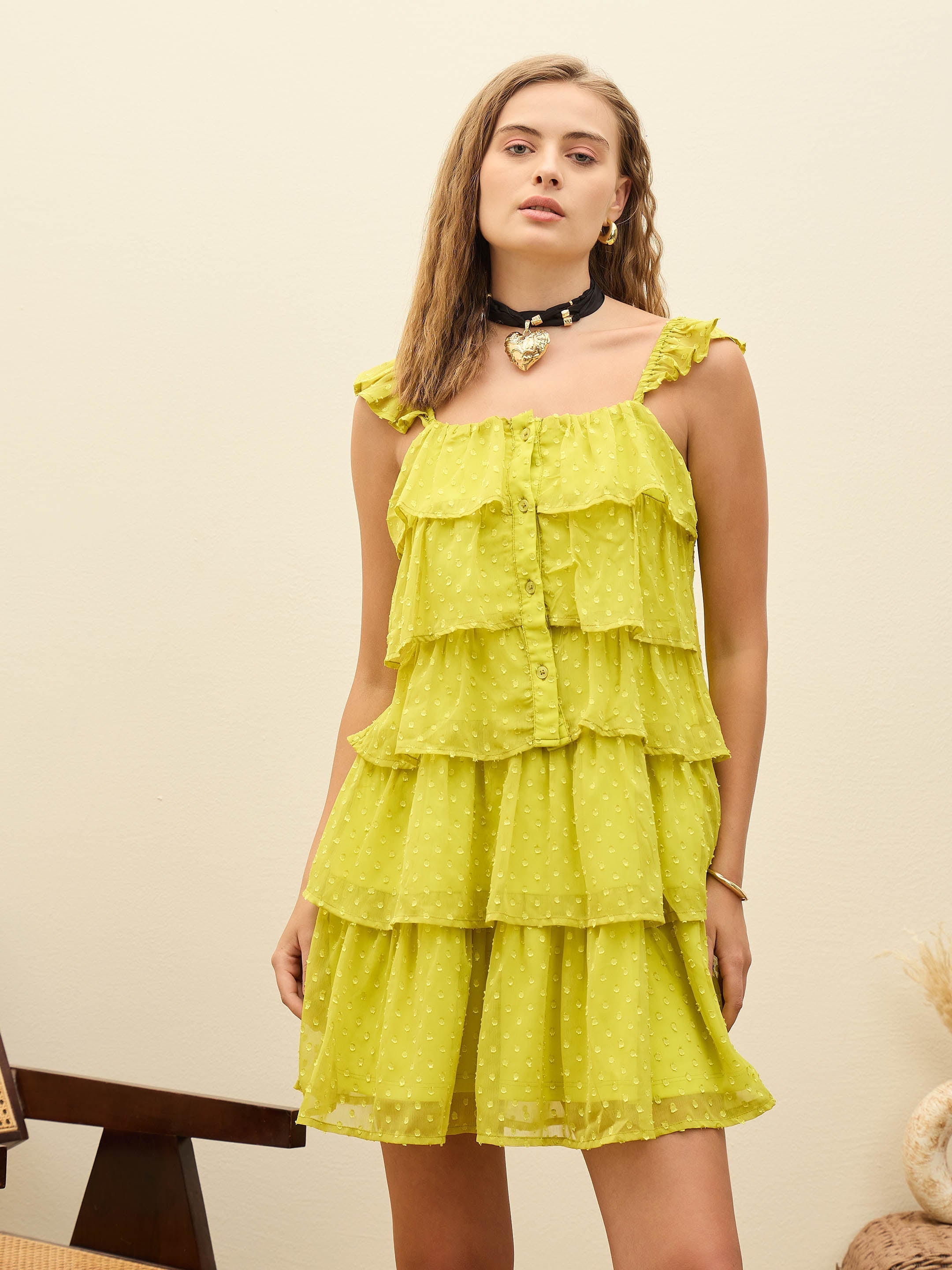 Women Green Dobby Ruffle Short Dress-SFDRSS12981