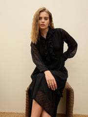 Women Black Dobby Puff Sleeve Midi Dress-SFDRSS12982