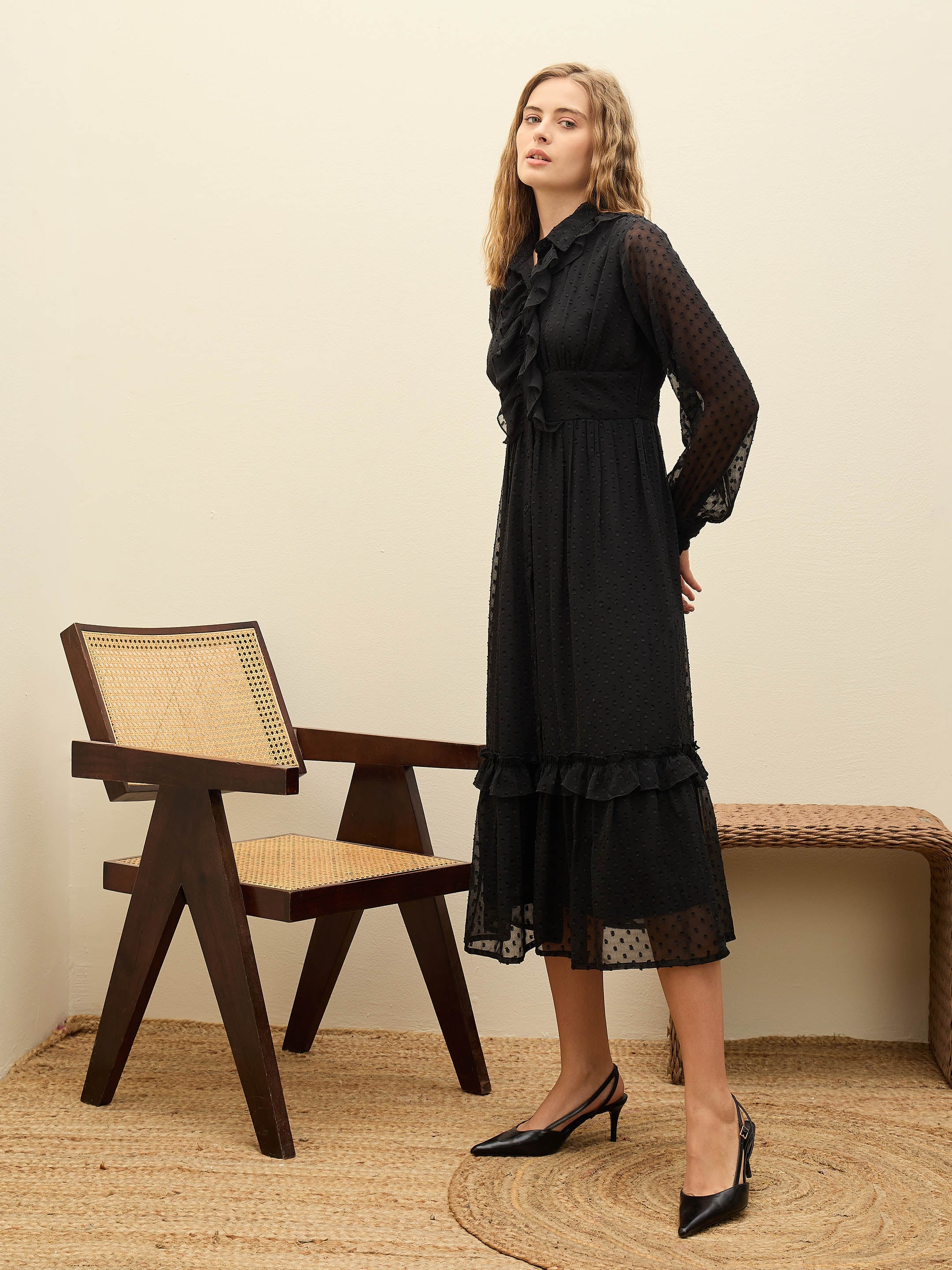 Women Black Dobby Puff Sleeve Midi Dress-SFDRSS12982