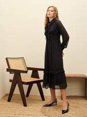 Women Black Dobby Puff Sleeve Midi Dress-SFDRSS12982