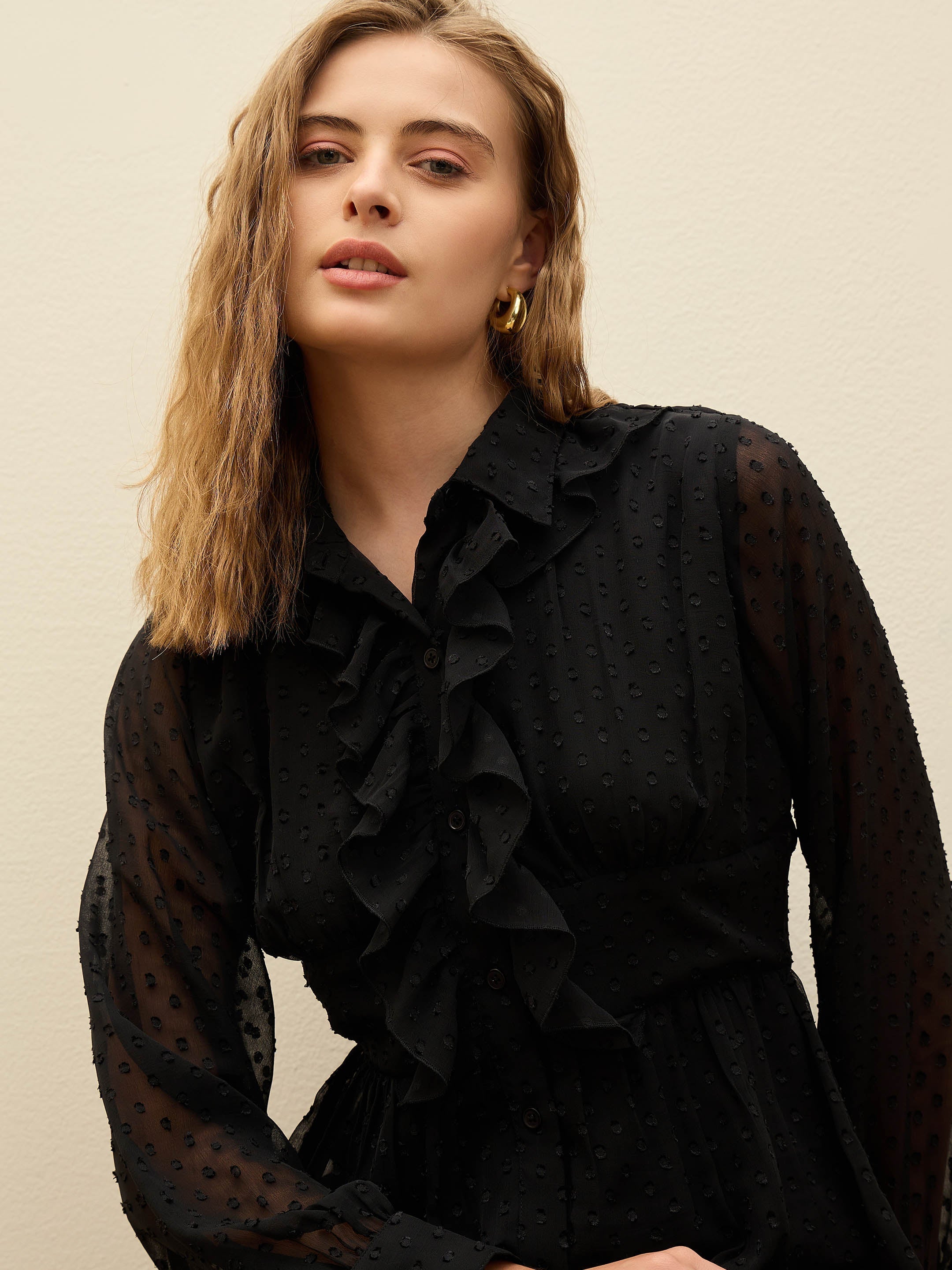 Women Black Dobby Puff Sleeve Midi Dress-SFDRSS12982