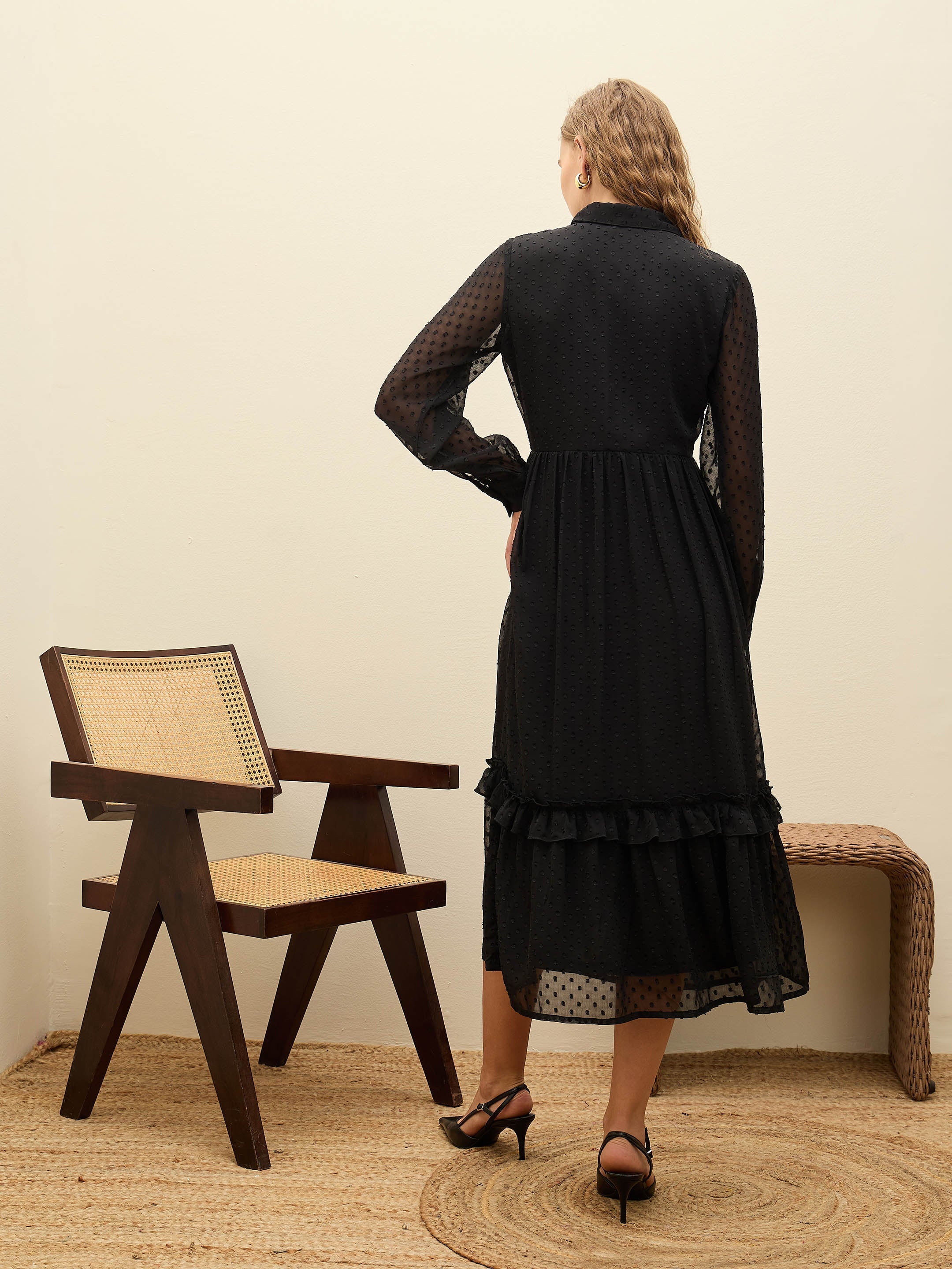 Women Black Dobby Puff Sleeve Midi Dress-SFDRSS12982