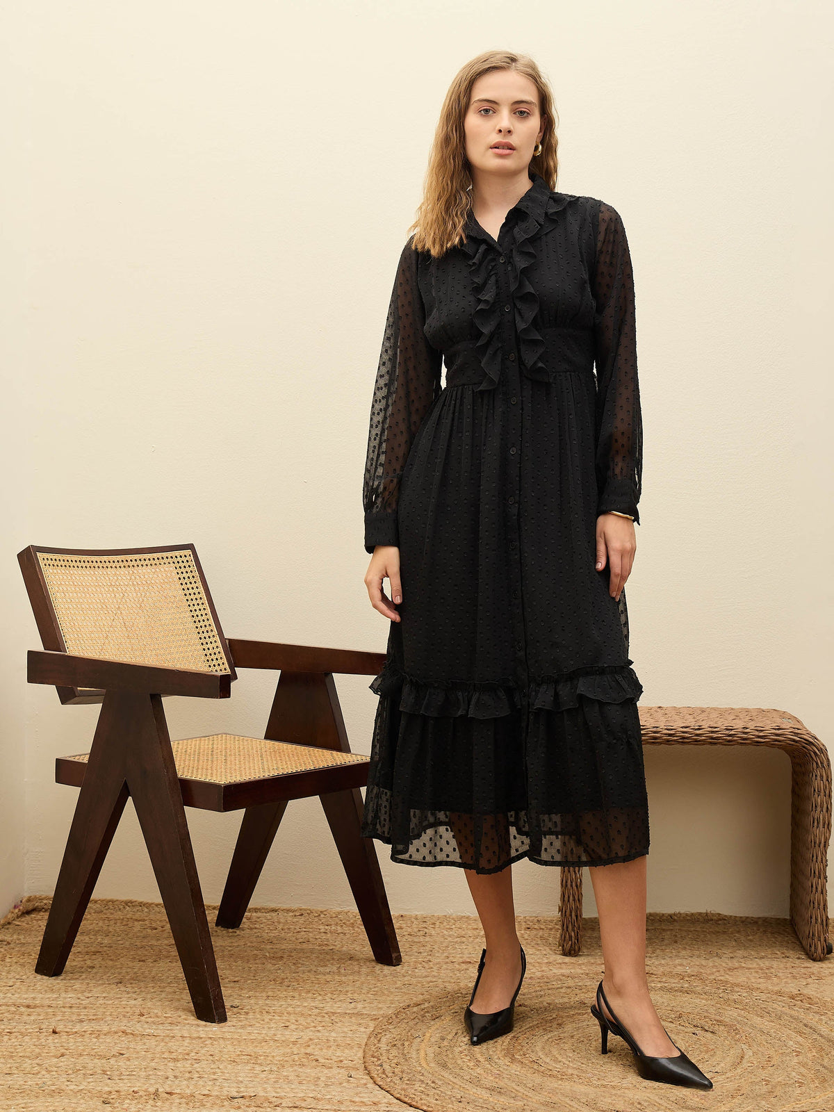 Women Black Dobby Puff Sleeve Midi Dress-SFDRSS12982