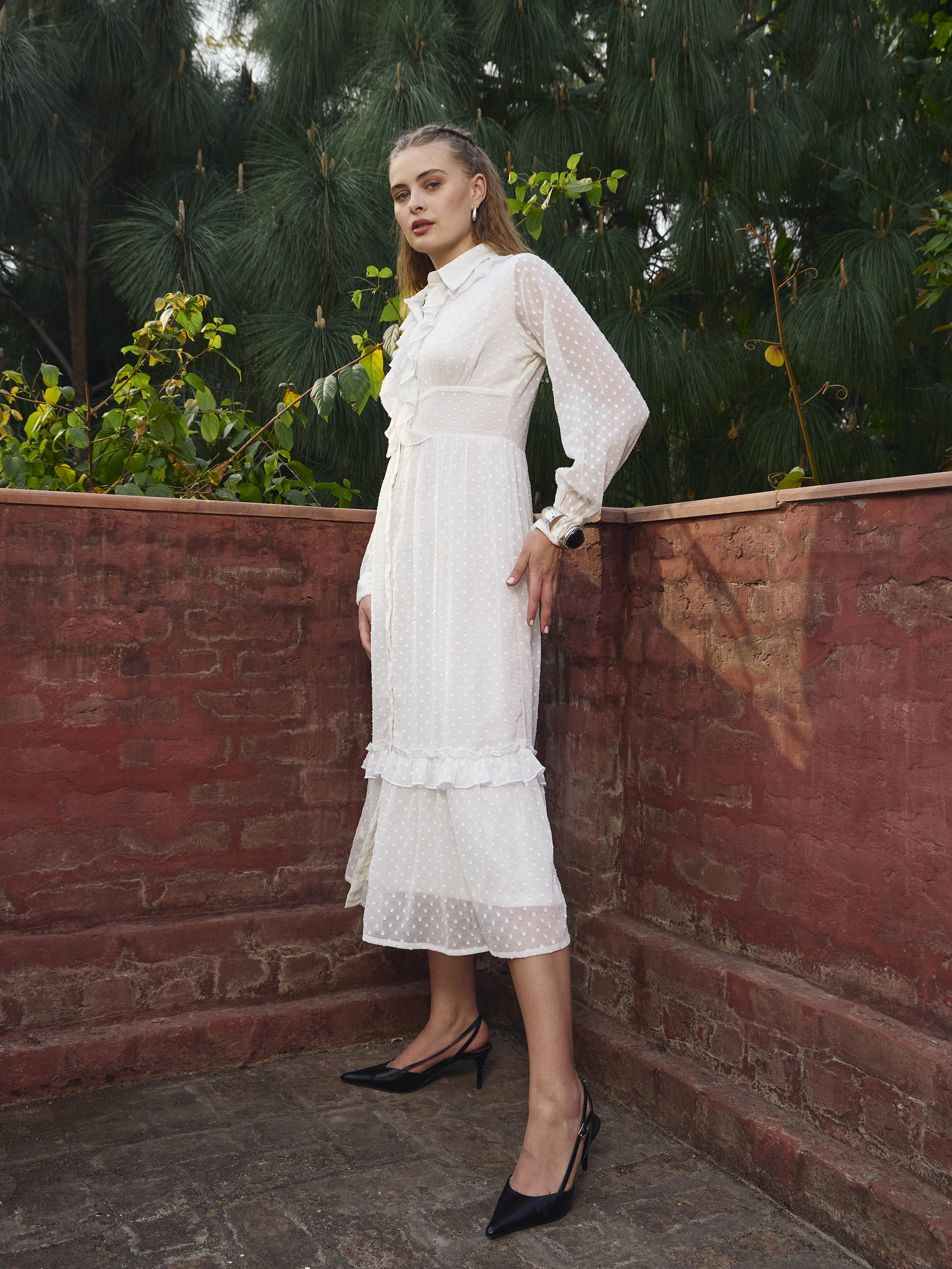 Women Green Dobby Puff Sleeve Midi Dress-SFDRSS12983