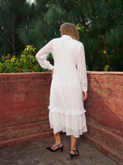 Women Green Dobby Puff Sleeve Midi Dress-SFDRSS12983