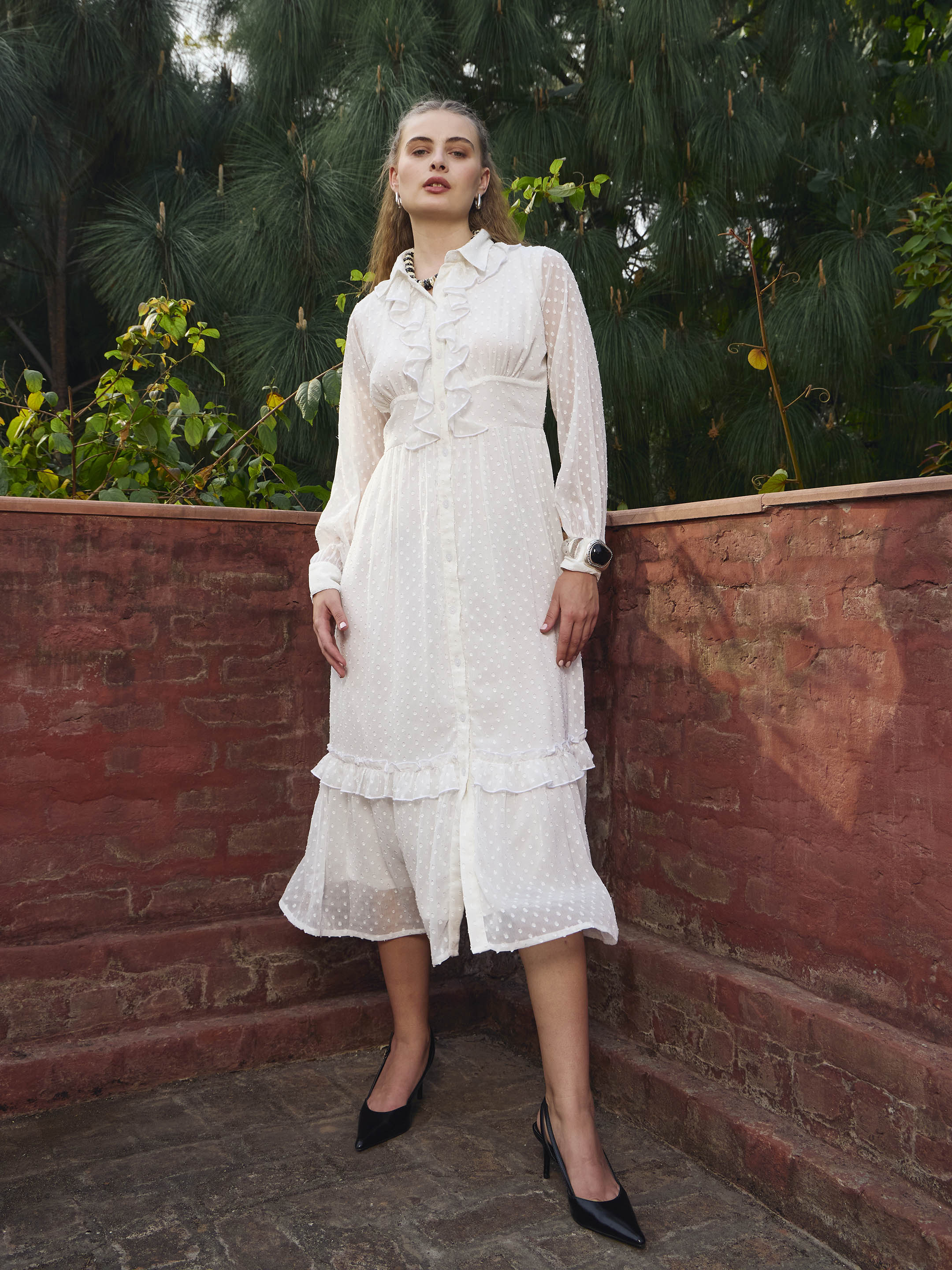 Women Green Dobby Puff Sleeve Midi Dress-SFDRSS12983