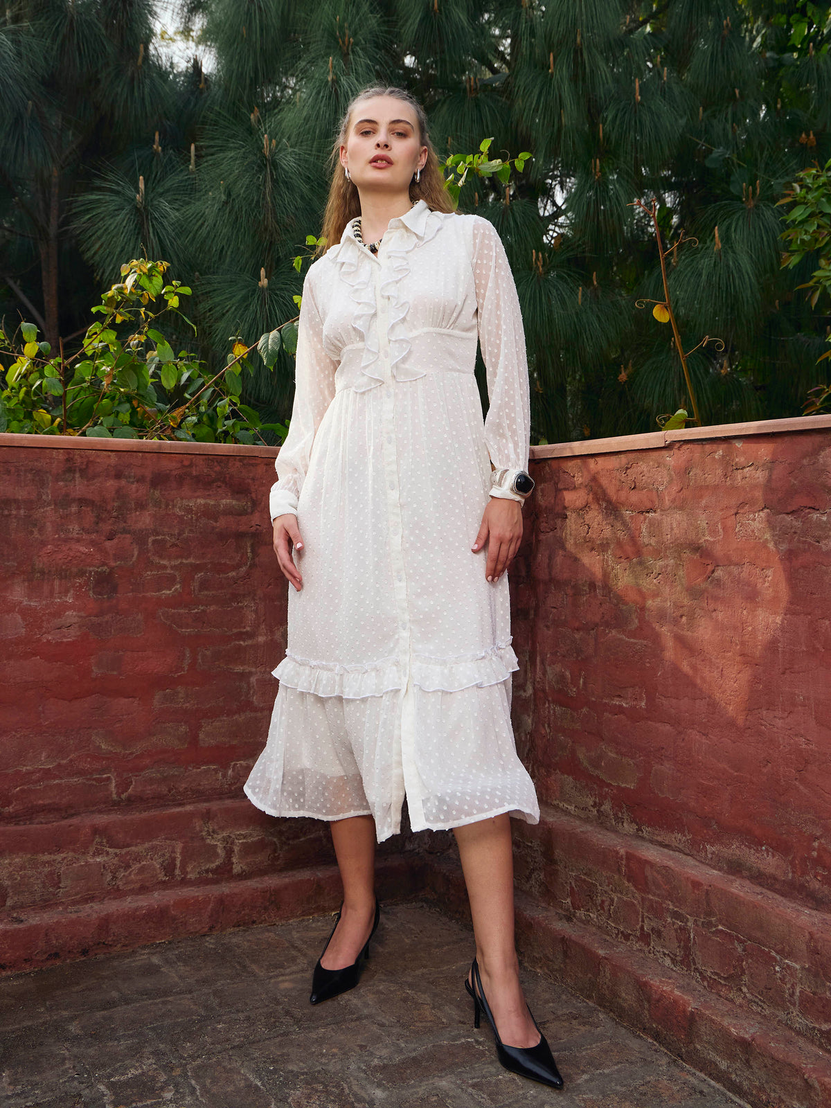 Women Green Dobby Puff Sleeve Midi Dress-SFDRSS12983