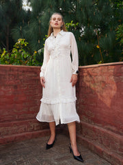 Women Green Dobby Puff Sleeve Midi Dress-SFDRSS12983