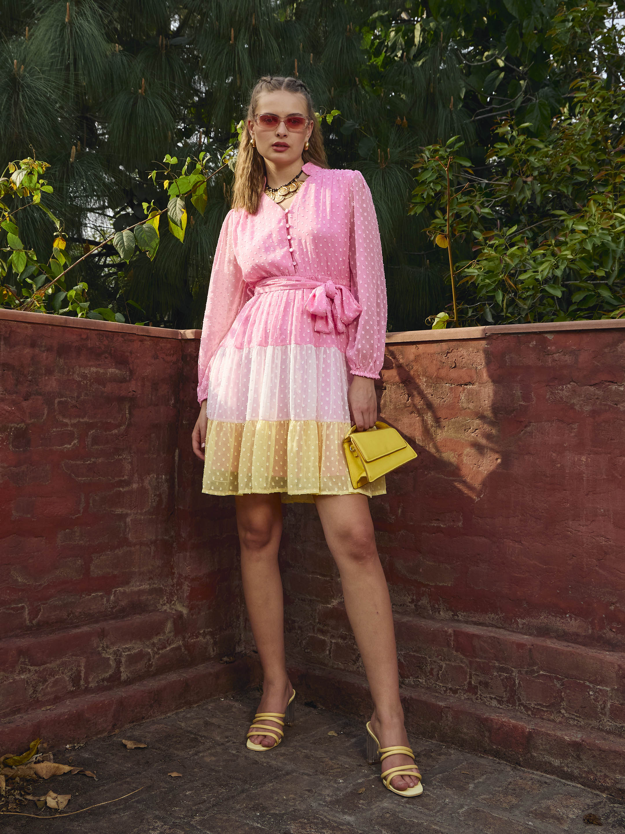 Women Pink Dobby Color Blocking Tiered Short Dress-SFDRSS12984