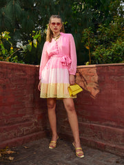 Women Pink Dobby Color Blocking Tiered Short Dress-SFDRSS12984
