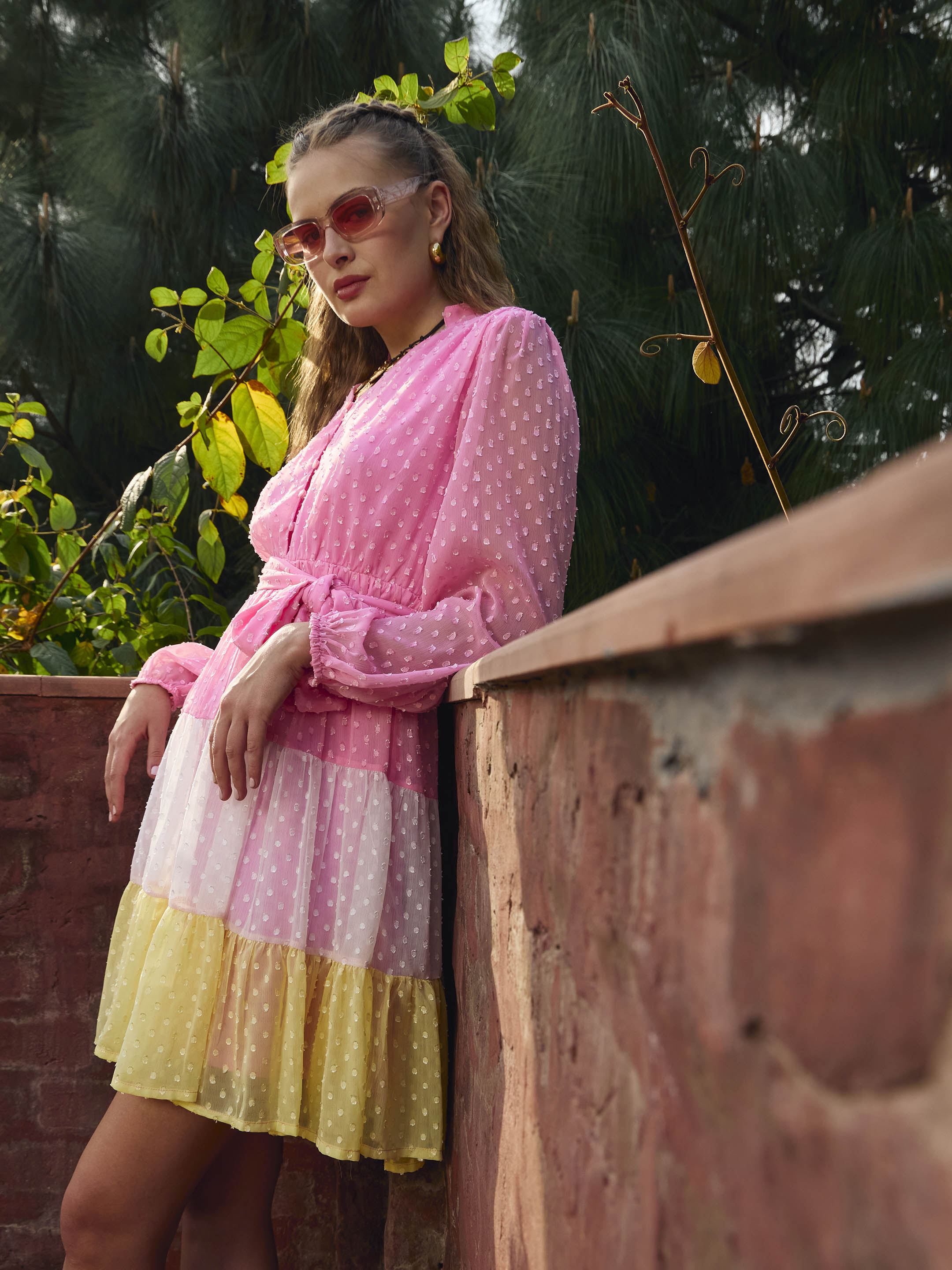 Women Pink Dobby Color Blocking Tiered Short Dress-SFDRSS12984