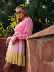 Women Pink Dobby Color Blocking Tiered Short Dress-SFDRSS12984