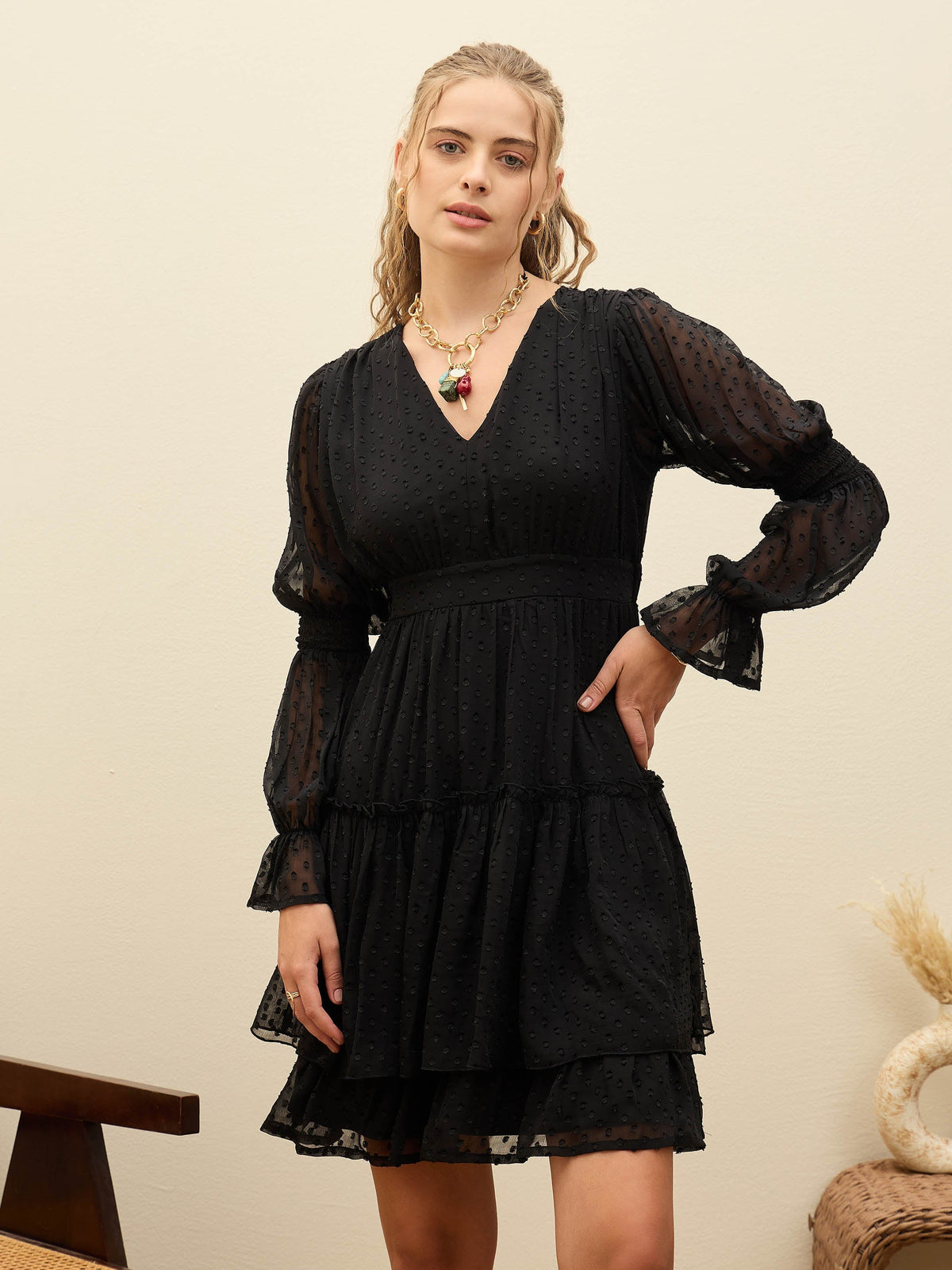 Women Black Dobby V-Neck Short Dress-SFDRSS12985