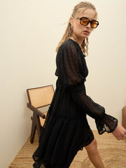 Women Black Dobby V-Neck Short Dress-SFDRSS12985