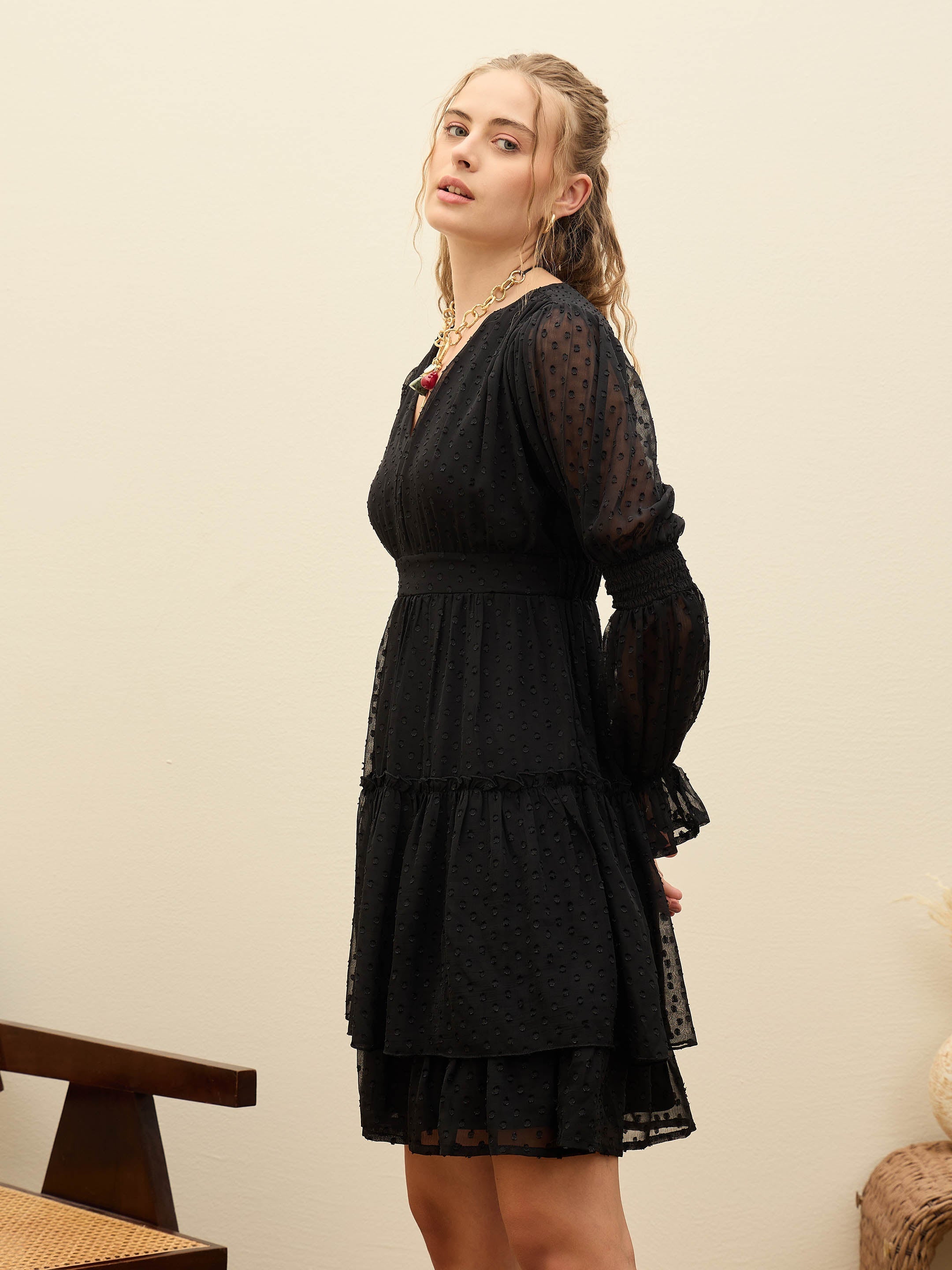 Women Black Dobby V-Neck Short Dress-SFDRSS12985