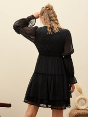 Women Black Dobby V-Neck Short Dress-SFDRSS12985