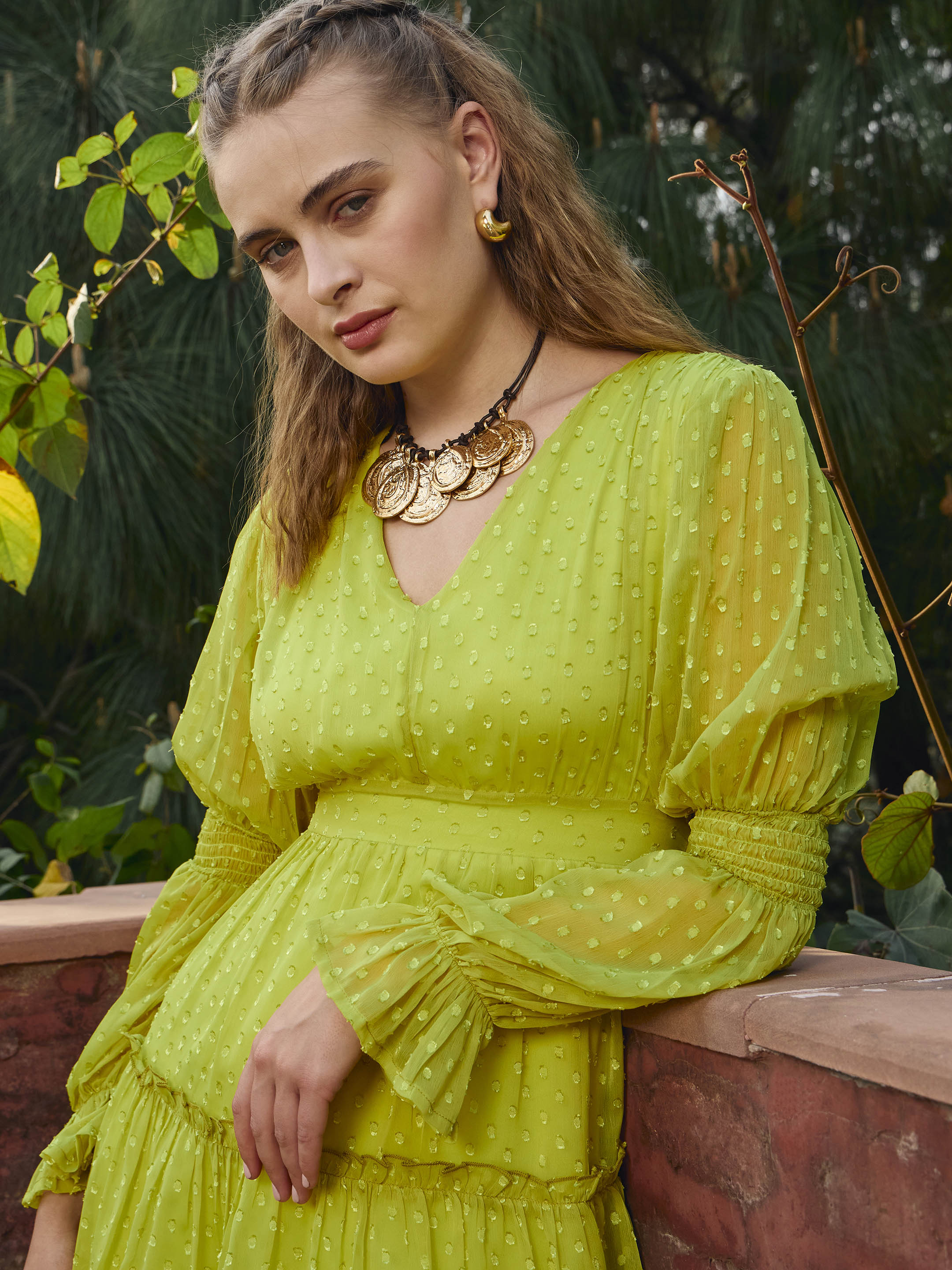 Women Green Dobby V-Neck Short Dress-SFDRSS12986