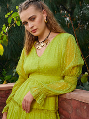 Women Green Dobby V-Neck Short Dress-SFDRSS12986