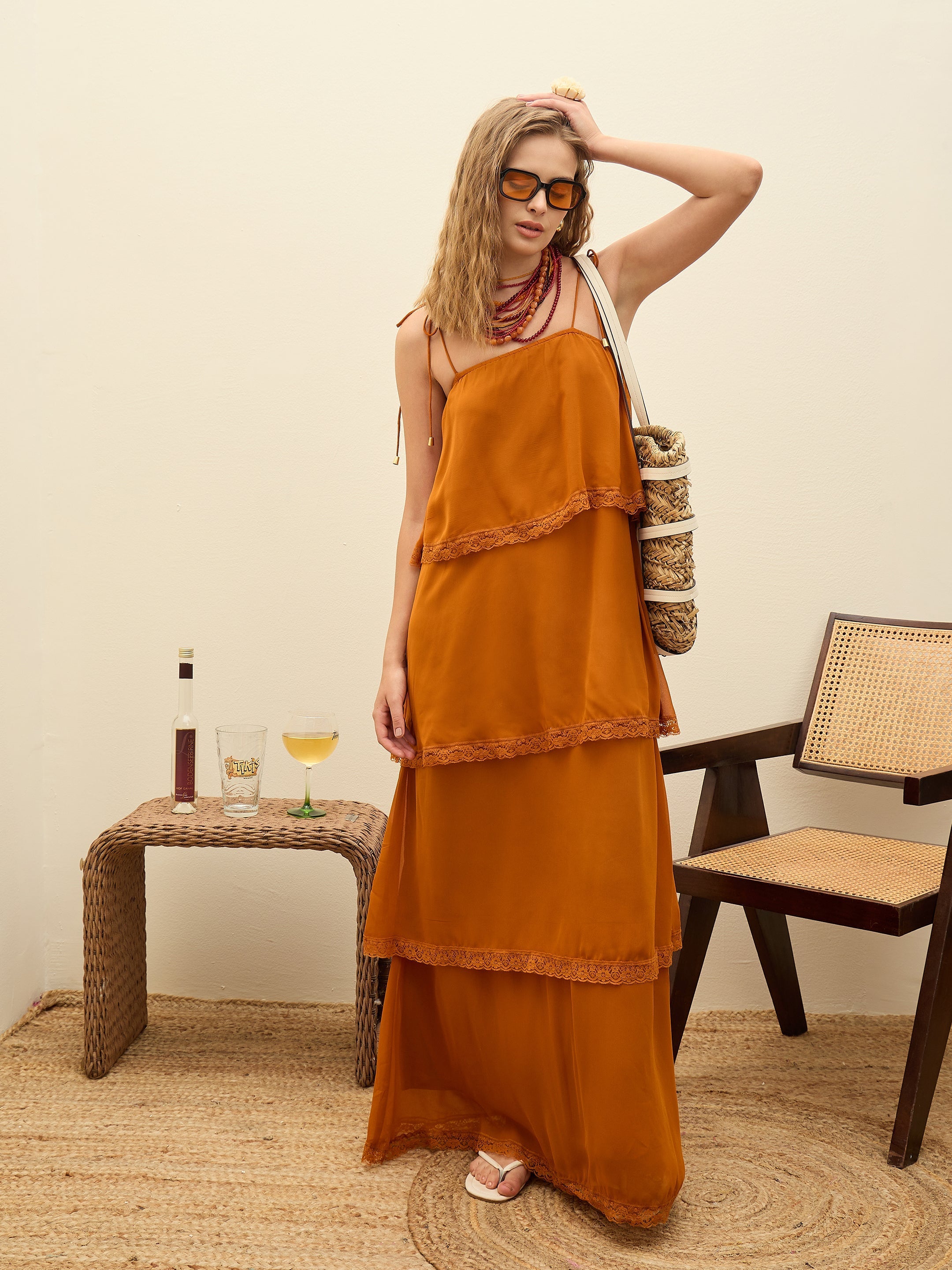 Women Rust Frill Strappy Maxi Dress-SFDRSS12987