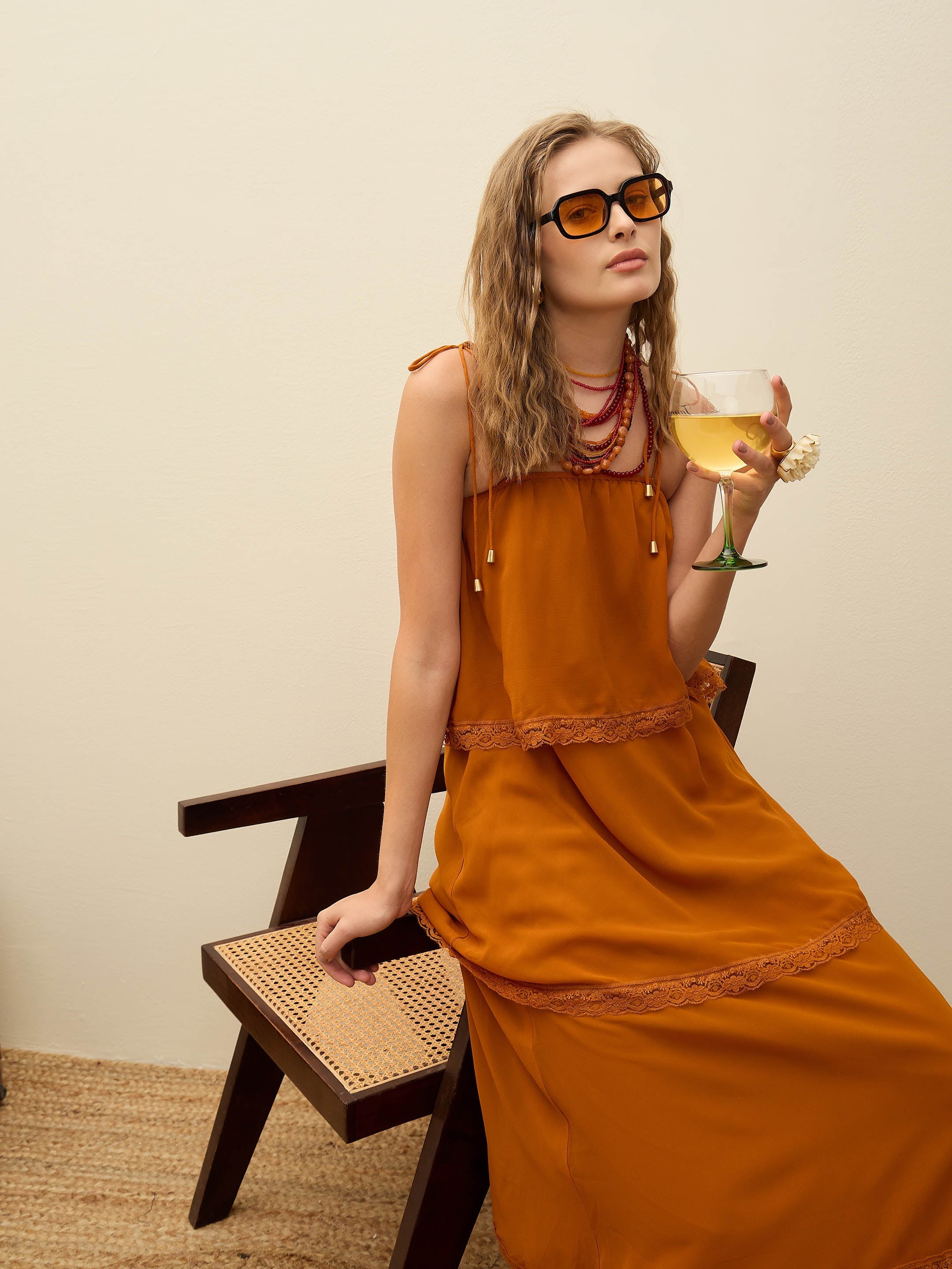 Women Rust Frill Strappy Maxi Dress-SFDRSS12987