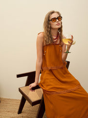 Women Rust Frill Strappy Maxi Dress-SFDRSS12987