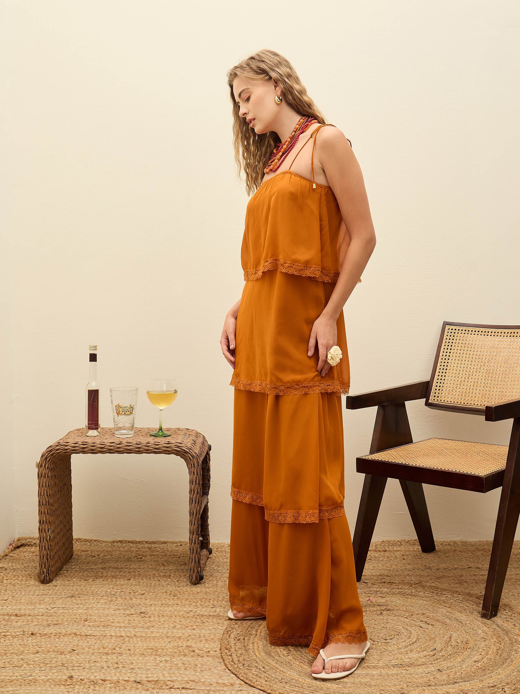 Women Rust Frill Strappy Maxi Dress-SFDRSS12987