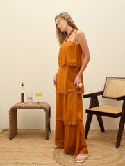 Women Rust Frill Strappy Maxi Dress-SFDRSS12987