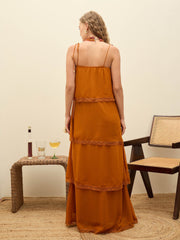 Women Rust Frill Strappy Maxi Dress-SFDRSS12987