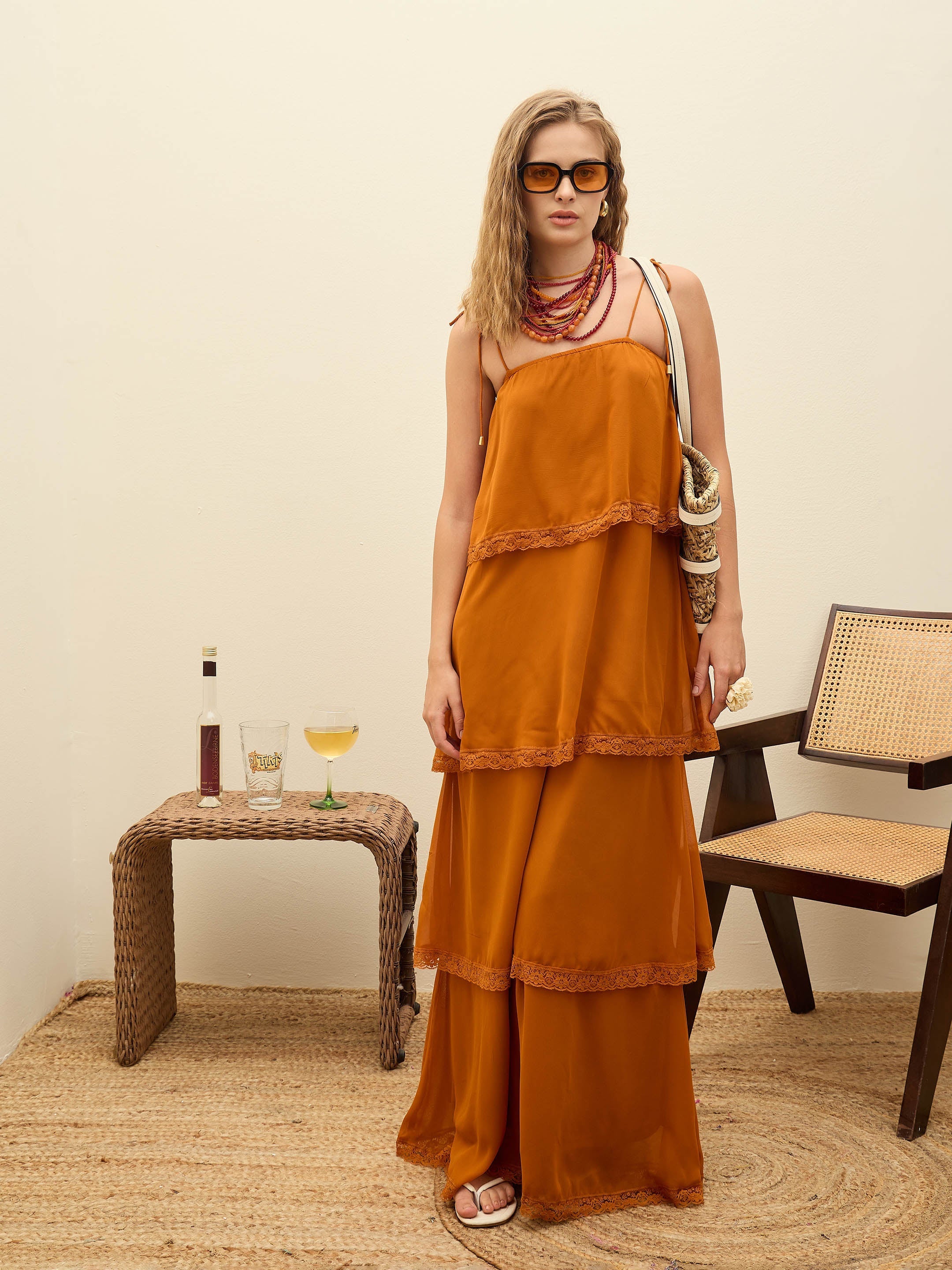 Women Rust Frill Strappy Maxi Dress-SFDRSS12987