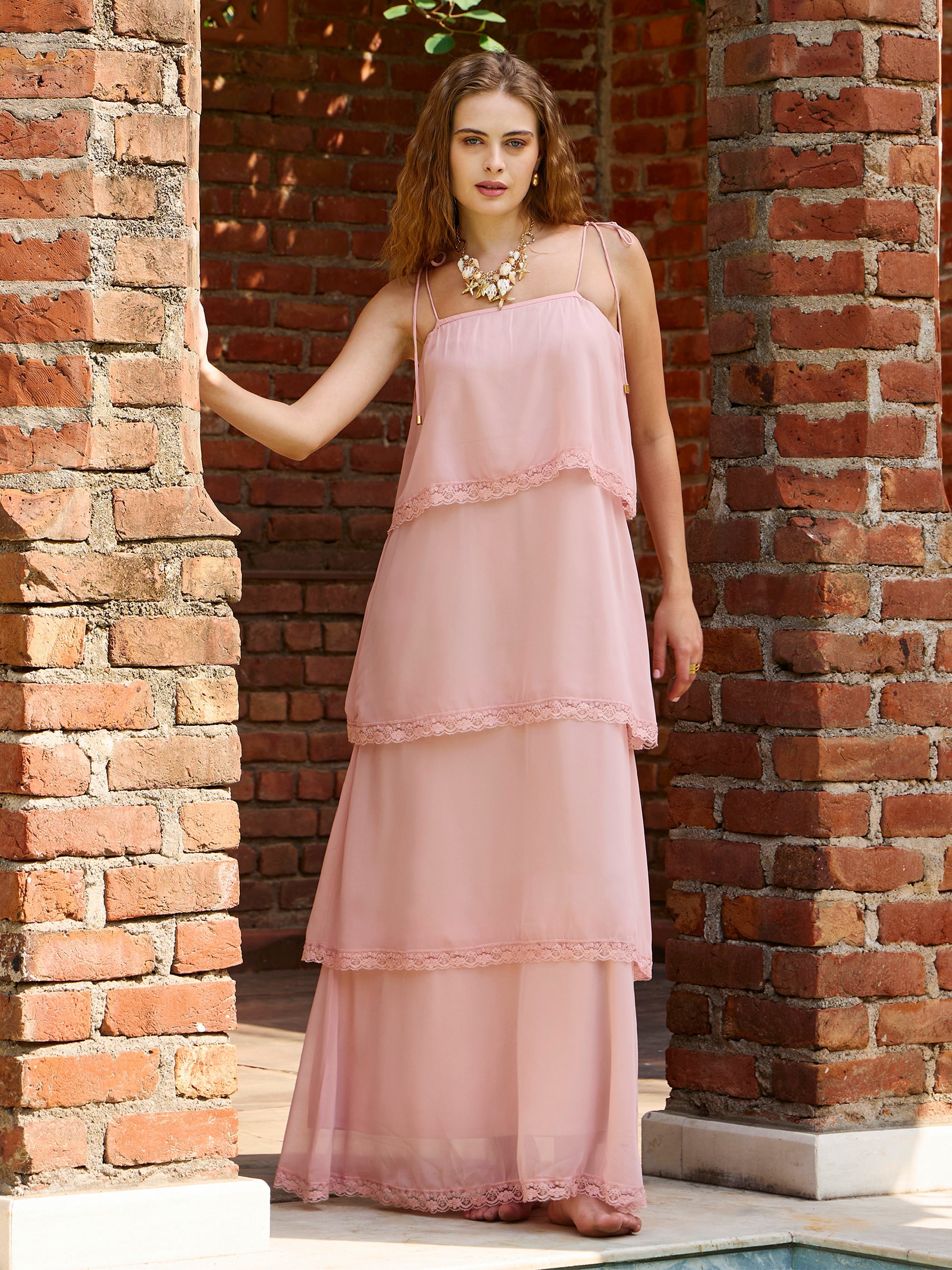Women Peach Frill Strappy Maxi Dress-SFDRSS12988