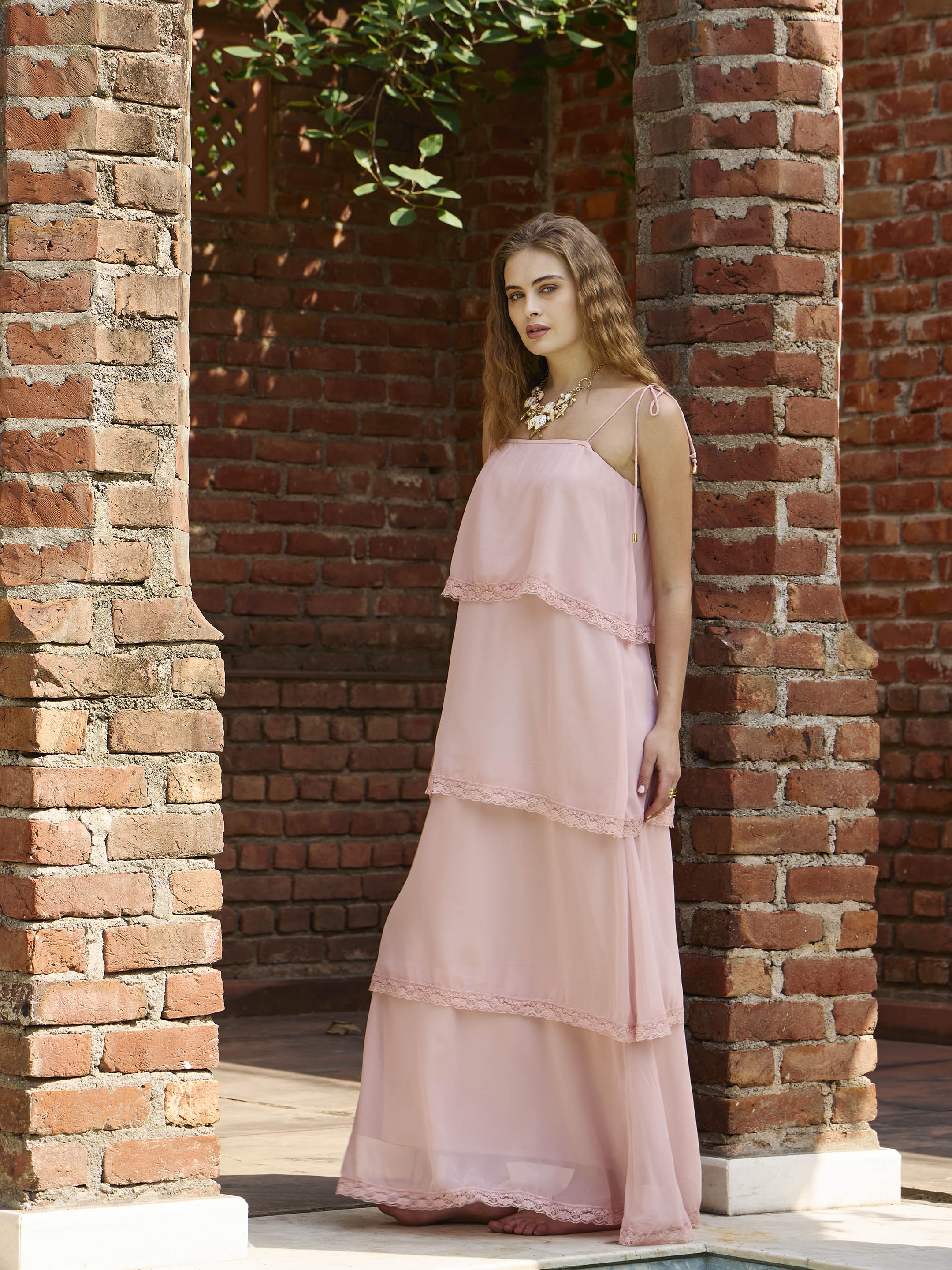 Women Peach Frill Strappy Maxi Dress-SFDRSS12988