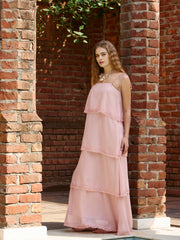Women Peach Frill Strappy Maxi Dress-SFDRSS12988