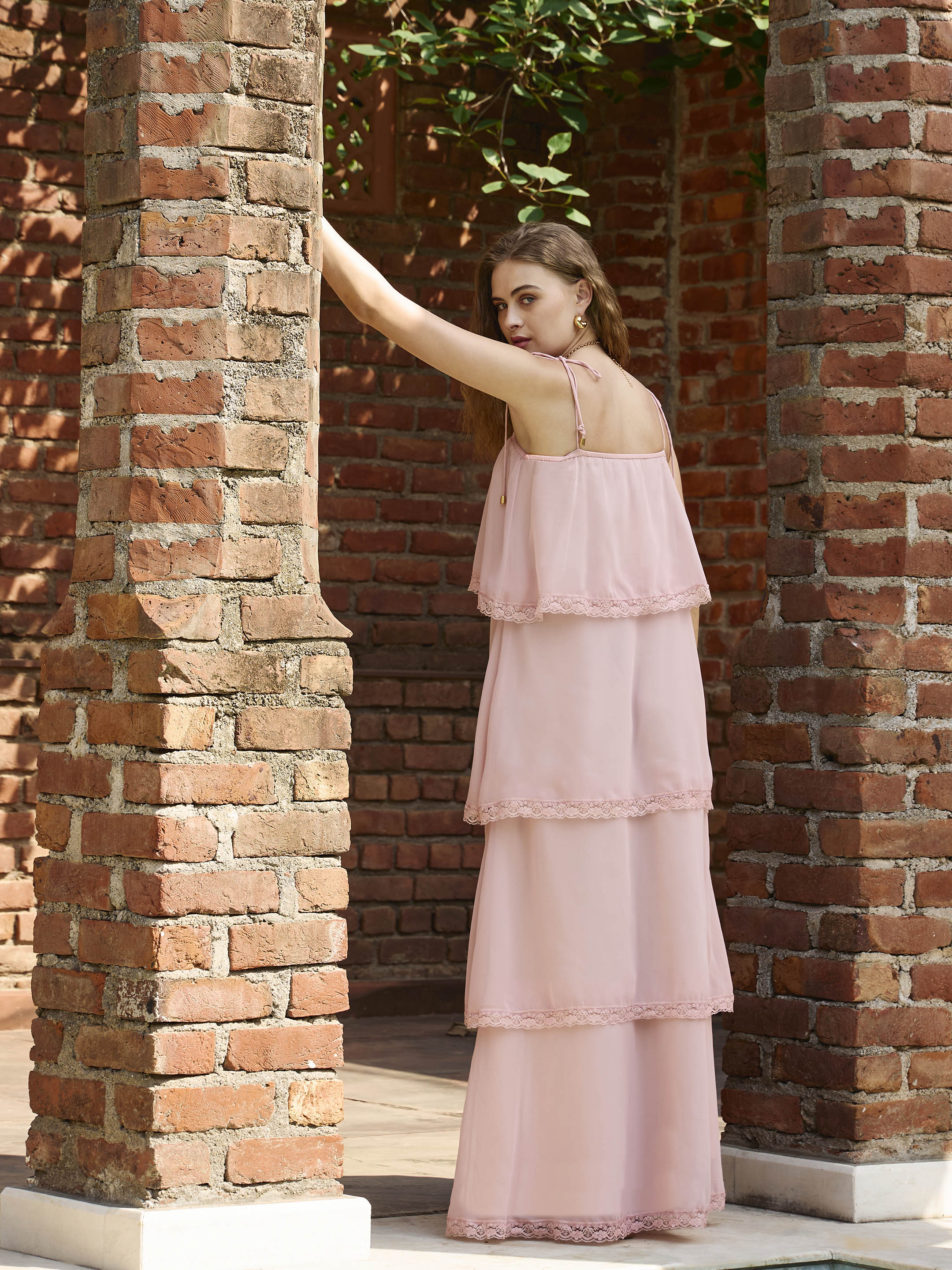 Women Peach Frill Strappy Maxi Dress-SFDRSS12988