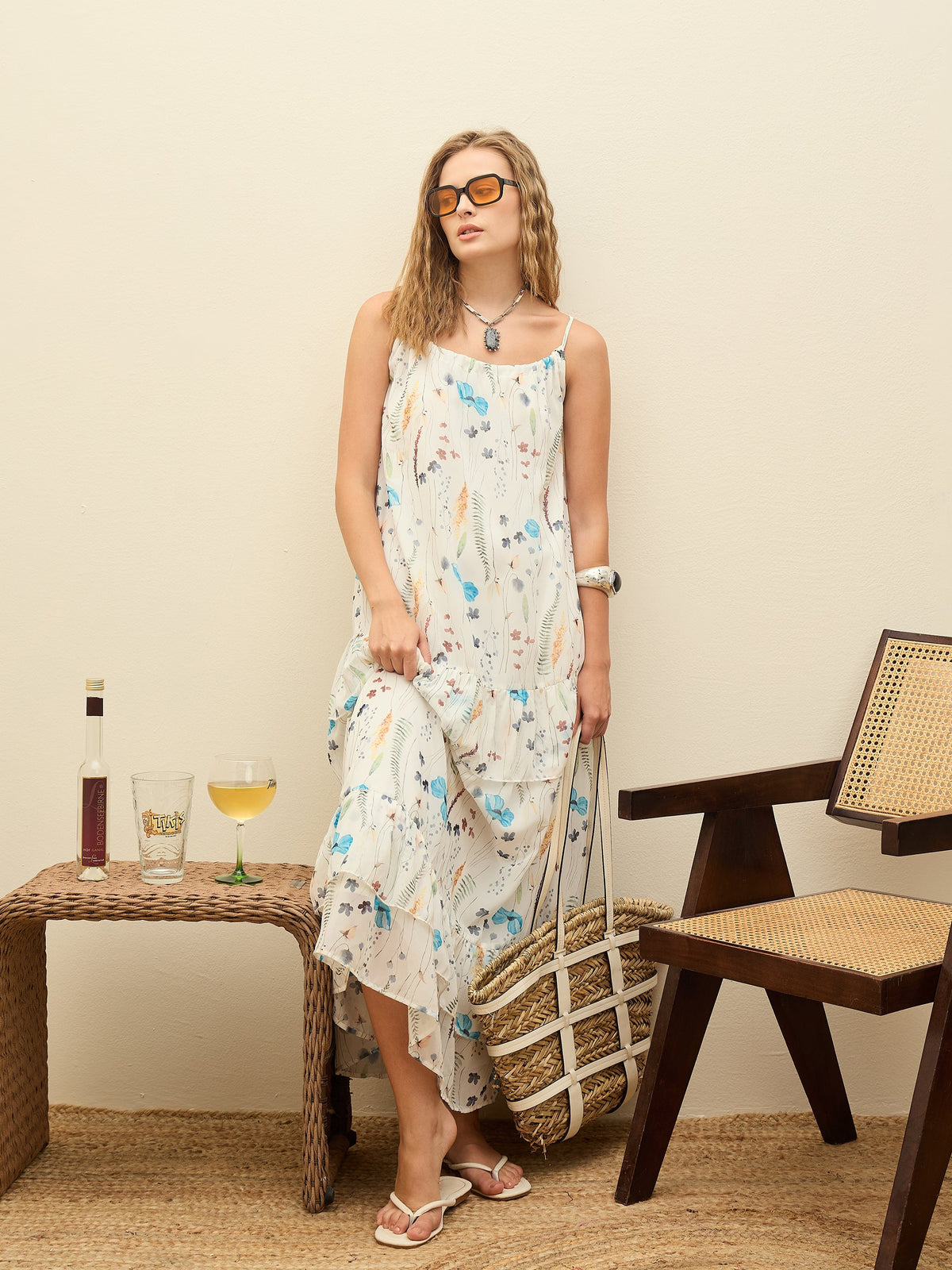 Women White Ditsy Floral Strappy Maxi Dress-SFDRSS12989