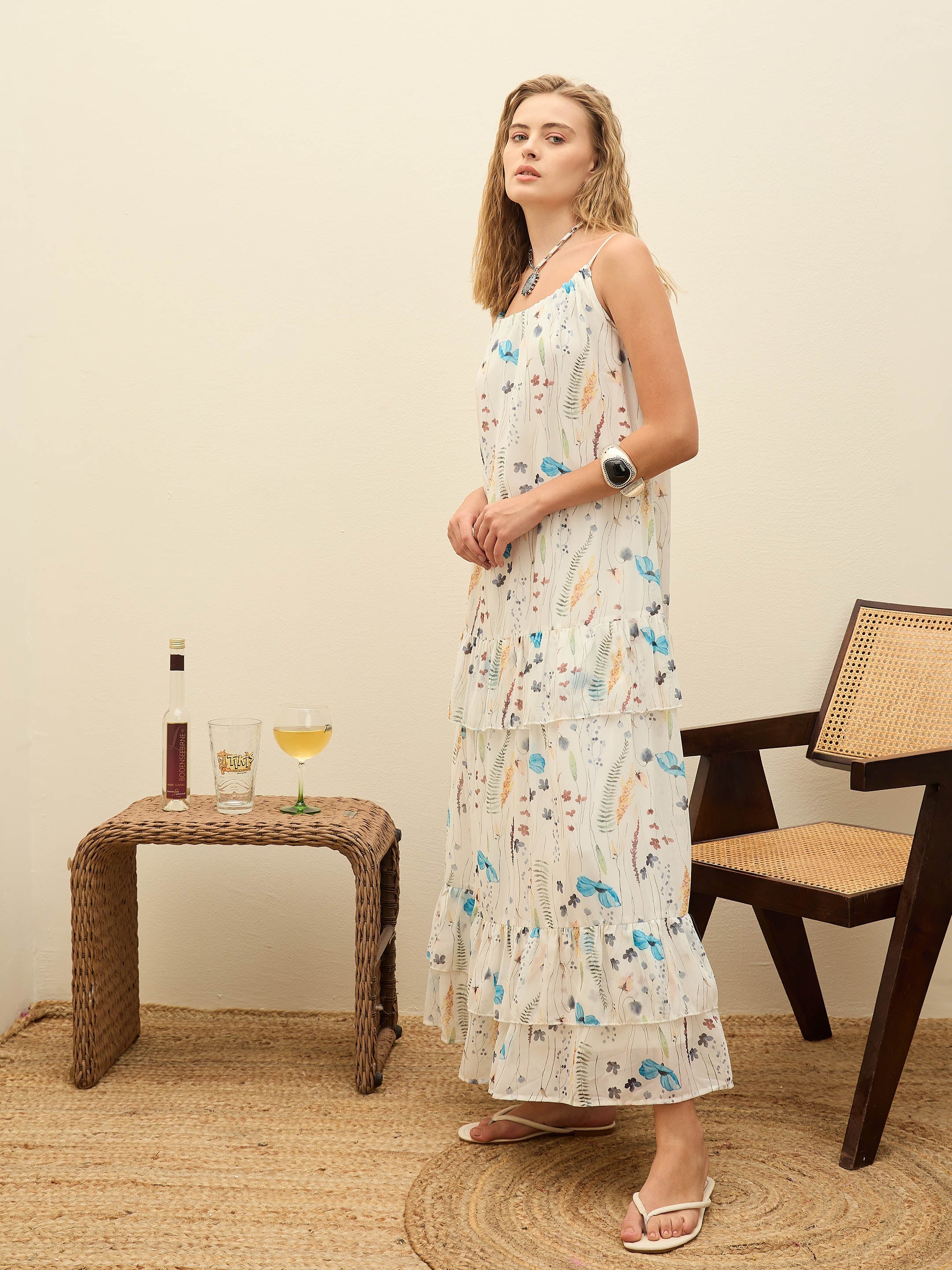 Women White Ditsy Floral Strappy Maxi Dress-SFDRSS12989