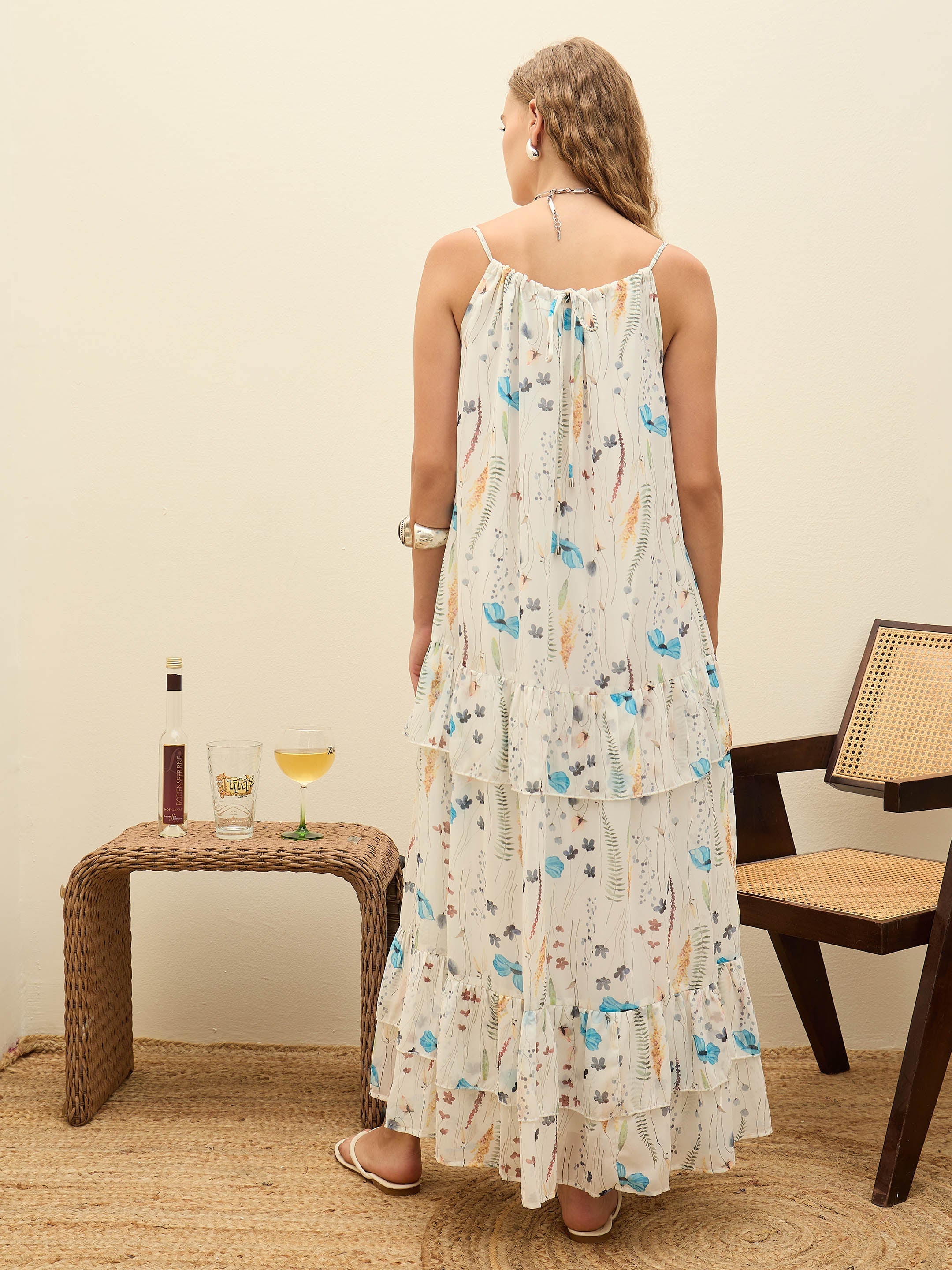 Women White Ditsy Floral Strappy Maxi Dress-SFDRSS12989