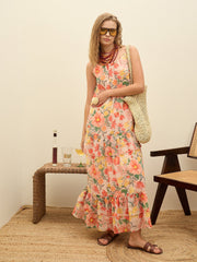Women Beige Floral Strappy Maxi Dress-SFDRSS12990