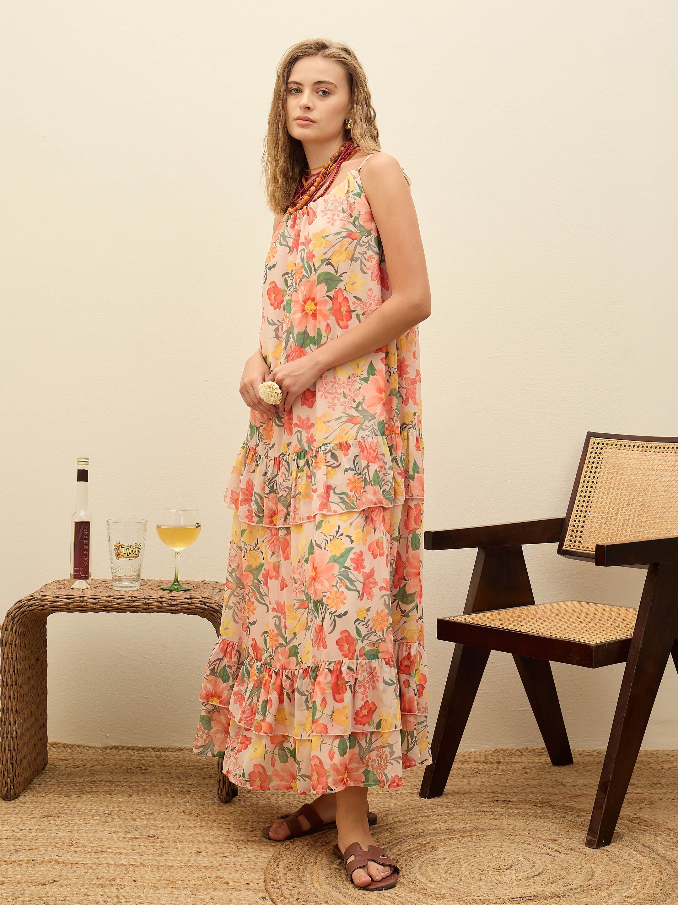 Women Beige Floral Strappy Maxi Dress-SFDRSS12990