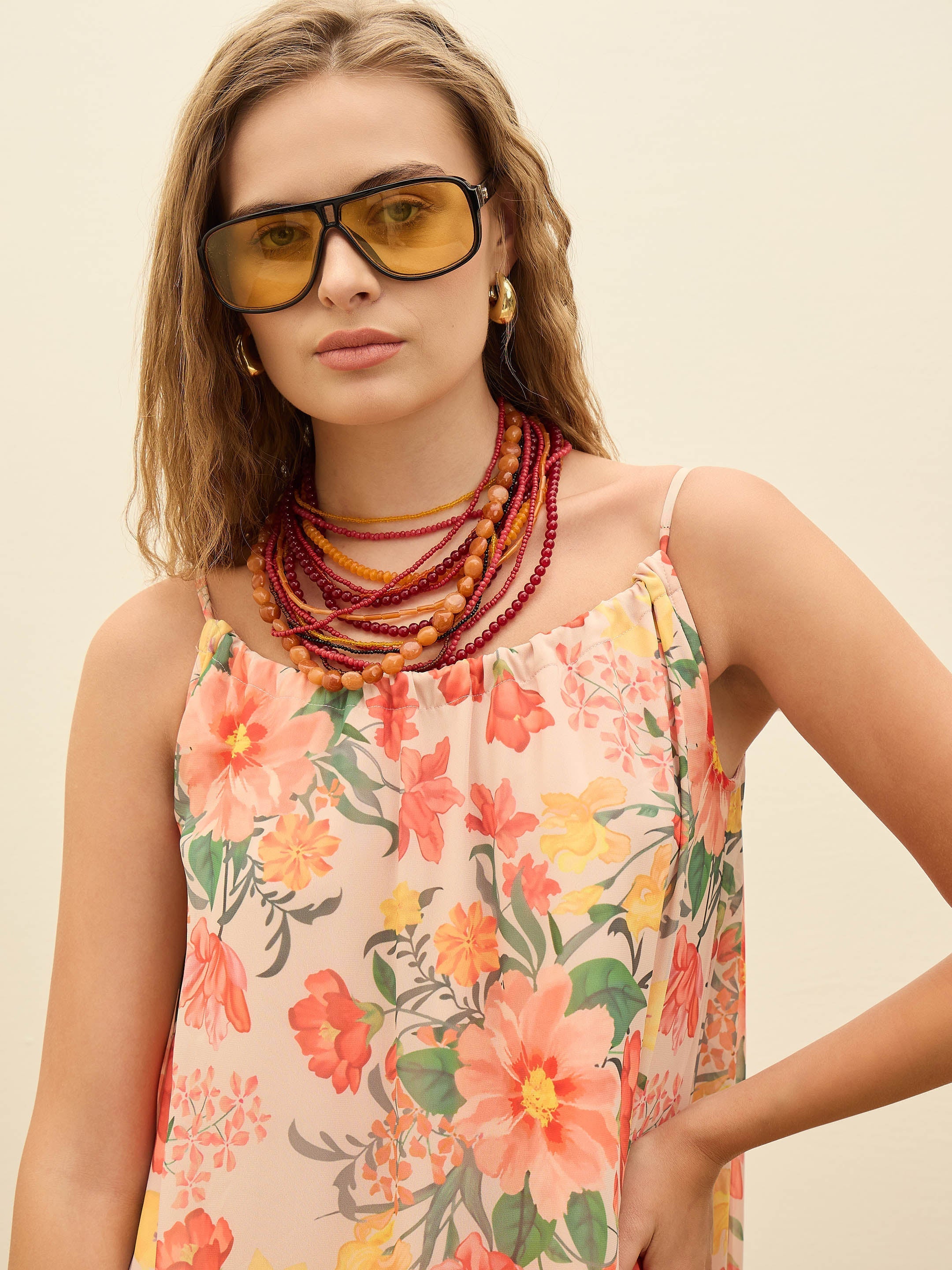 Women Beige Floral Strappy Maxi Dress-SFDRSS12990