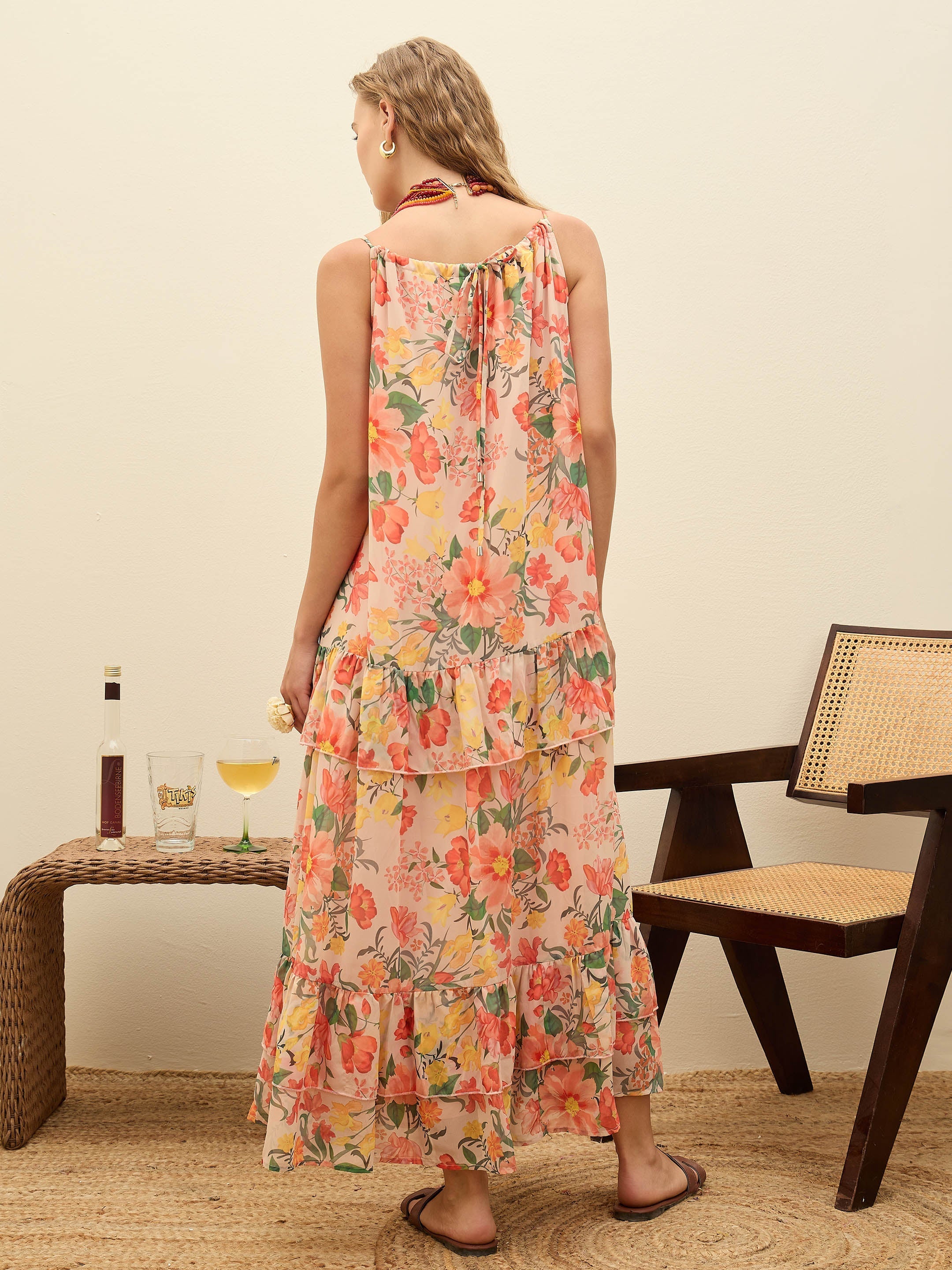 Women Beige Floral Strappy Maxi Dress-SFDRSS12990