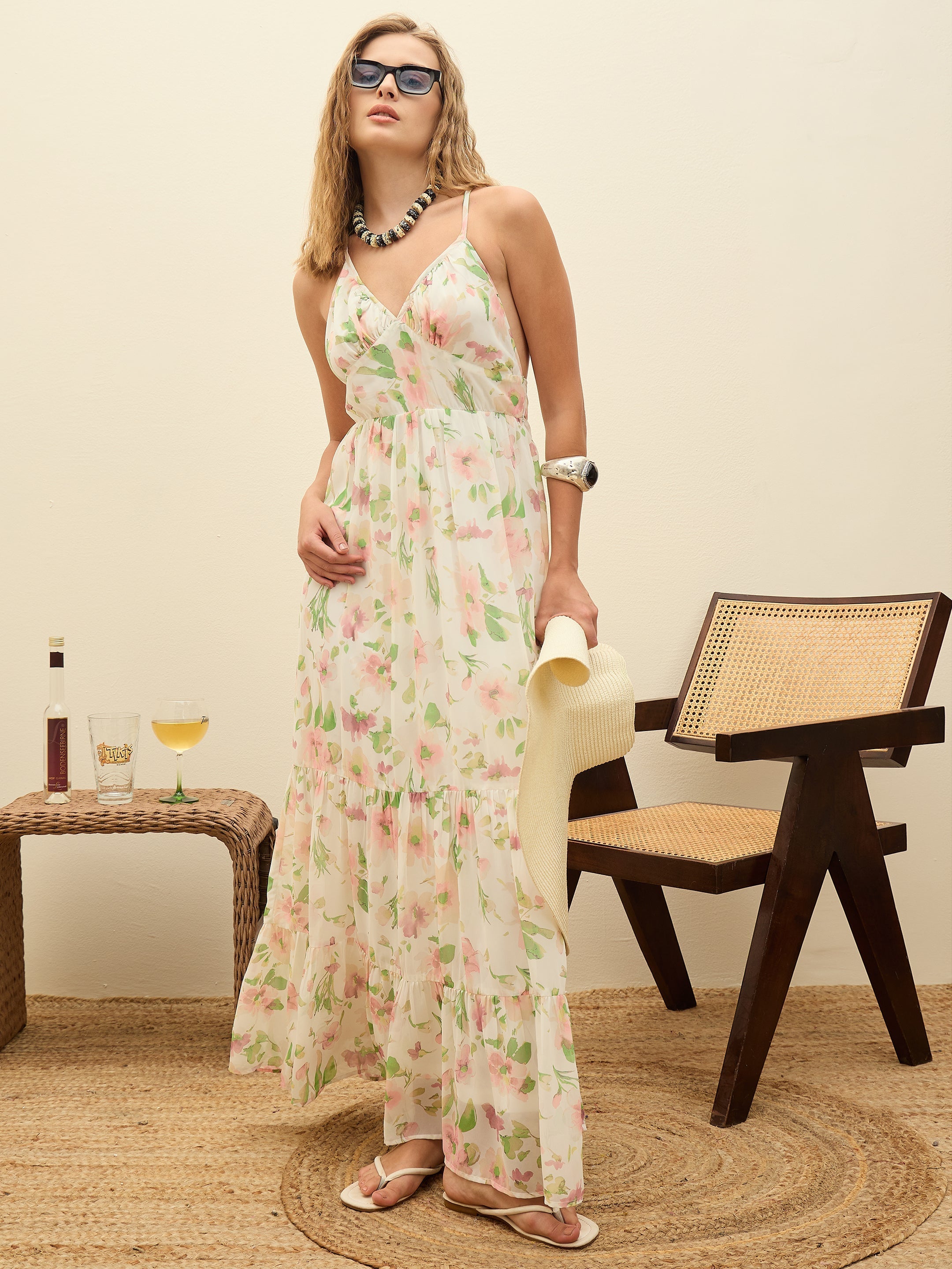 Women White Floral Back-Cut Out Maxi Dress-SFDRSS12991